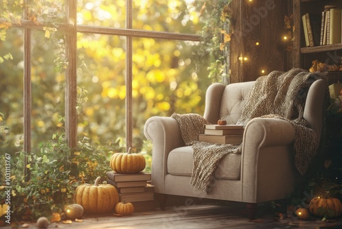 Cozy autumn atmosphere with a comfortable armchair by a window adorned with pumpkins and lush greenery in a sunlit room