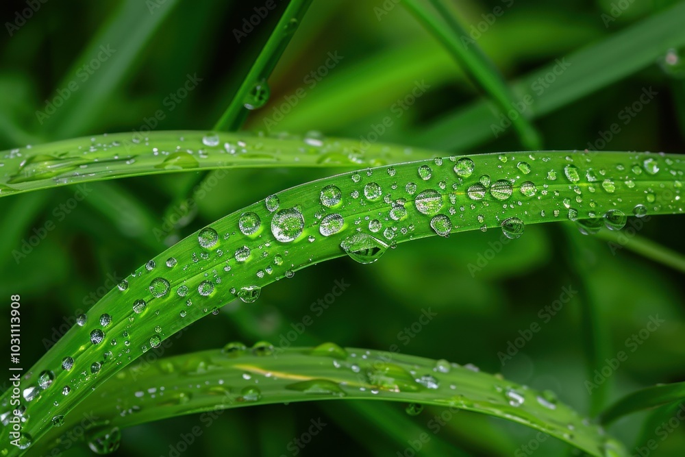 Fresh green grass blades adorned with morning dew in a tranquil garden setting during the early hours of spring Fresh green grass blades adorned with morning dew in a tranquil garden setting during the early hours of spring