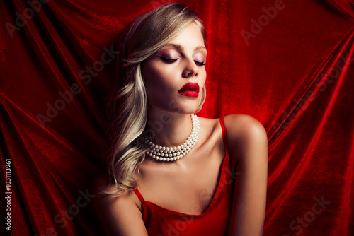 Photo of attractive classy rich model hollywood star wear trendy red dress isolated on velvet textile color background