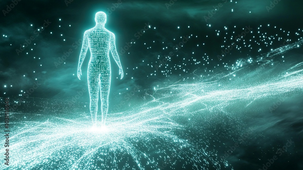 A glowing human figure made of binary code stands on a digital landscape as streams of light surround it creating a futuristic aura A glowing human figure made of binary code stands on a digital landscape as streams of light surround it creating a futuristic aura
