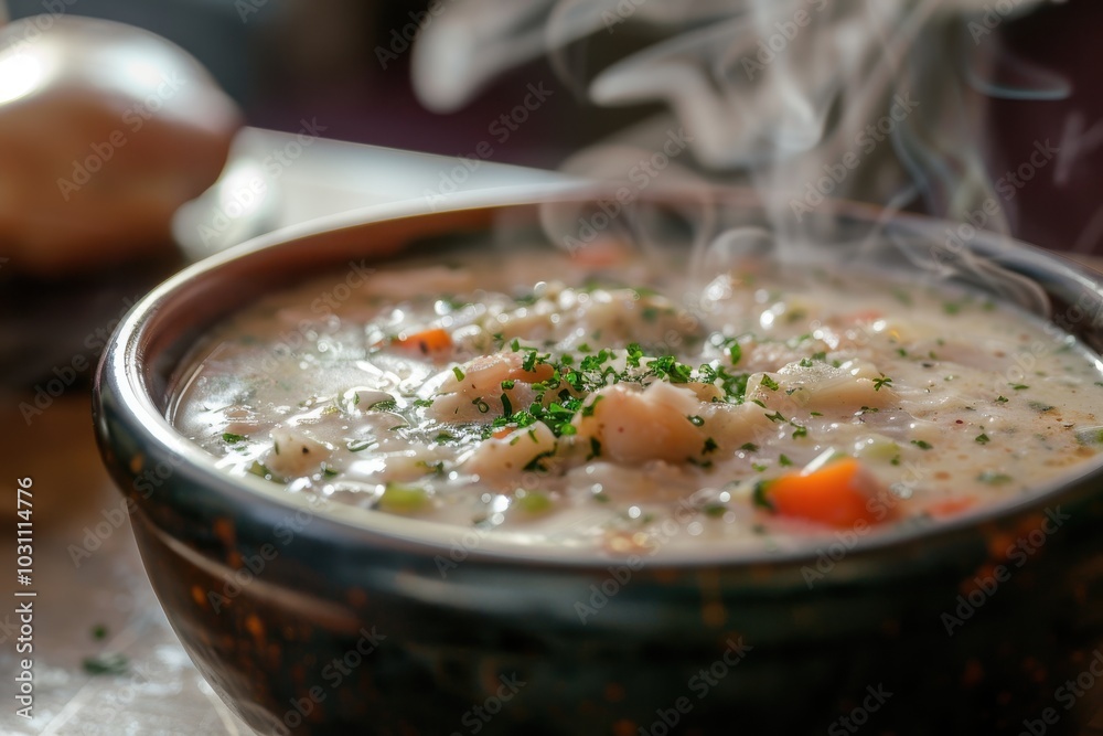 A steaming bowl of creamy soup garnished with herbs and spices served in a rustic clay bowl on a cozy dining table