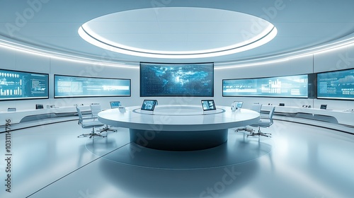 Futuristic and spacious conference room with white walls, a round table with chairs, and several monitors displaying data.