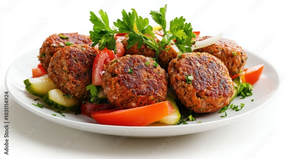 Fresh Falafel Platter with Vegetables on White Background Fresh Falafel Platter with Vegetables on White Background