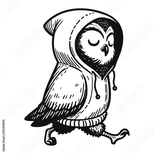 cute walking owl wearing a hoodie casual sketch