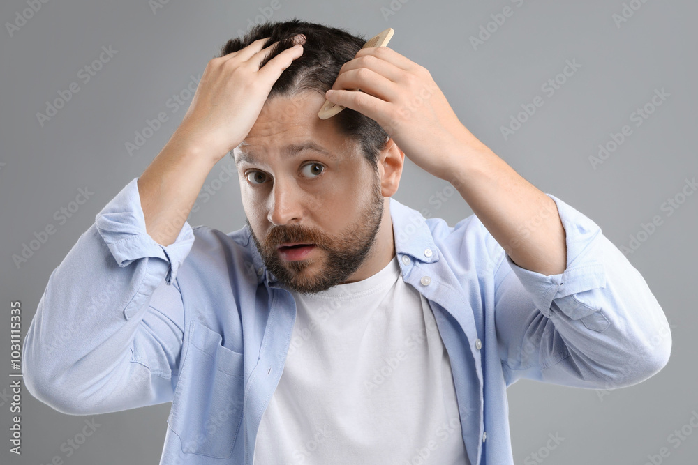 Man brushing his hair on gray background. Alopecia problem Man brushing his hair on gray background. Alopecia problem