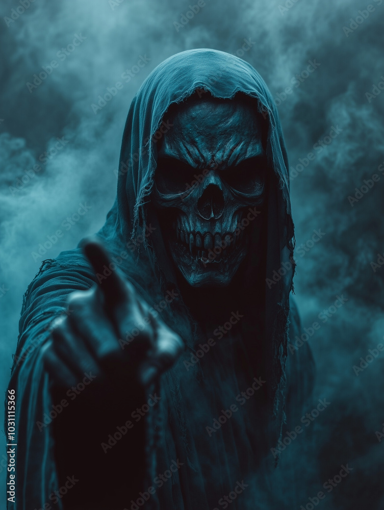 Grim Reaper with hand pointing at camera Grim Reaper with hand pointing at camera