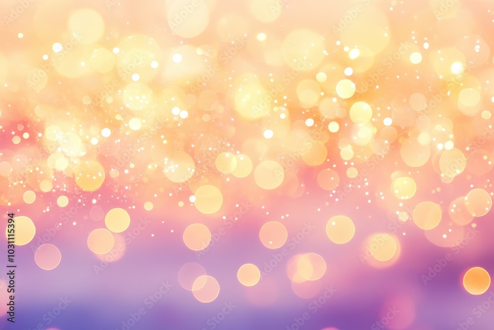 Soft pastel bokeh lights create a dreamy atmosphere in a sunset sky over a serene landscape during twilight hours