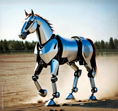 Robot horse, iron horse on the racetrack with dust from hooves