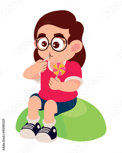 little girl seated eating lollipop candies