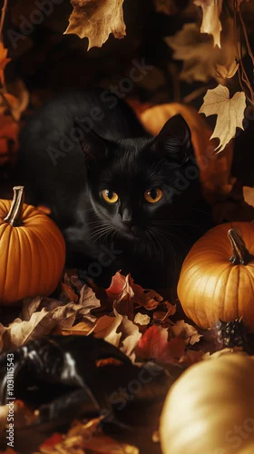 Fototapeta Black cat, pumpkins, autumn theme, halloween atmosphere