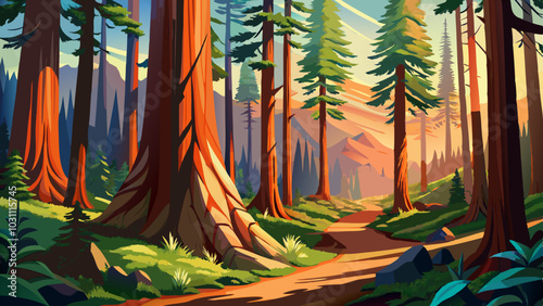 redwood vector landscape with tall trees and grass background