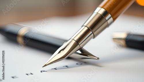 close-up of fountain pen or ballpoint pen with contract on table, generative ai photo