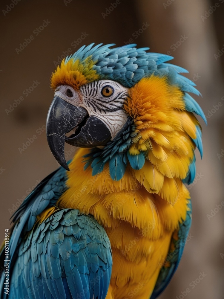 Obraz premium Beautiful blue and yellow macaw parrot close-up. Generated with AI.