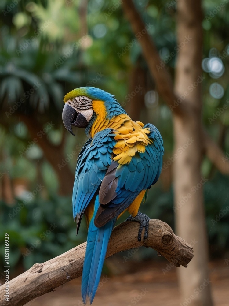 Fototapeta premium Beautiful blue and yellow macaw parrot close-up. Generated with AI.