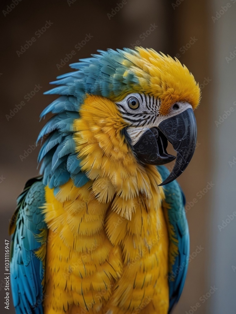 Fototapeta premium Beautiful blue and yellow macaw parrot close-up. Generated with AI.