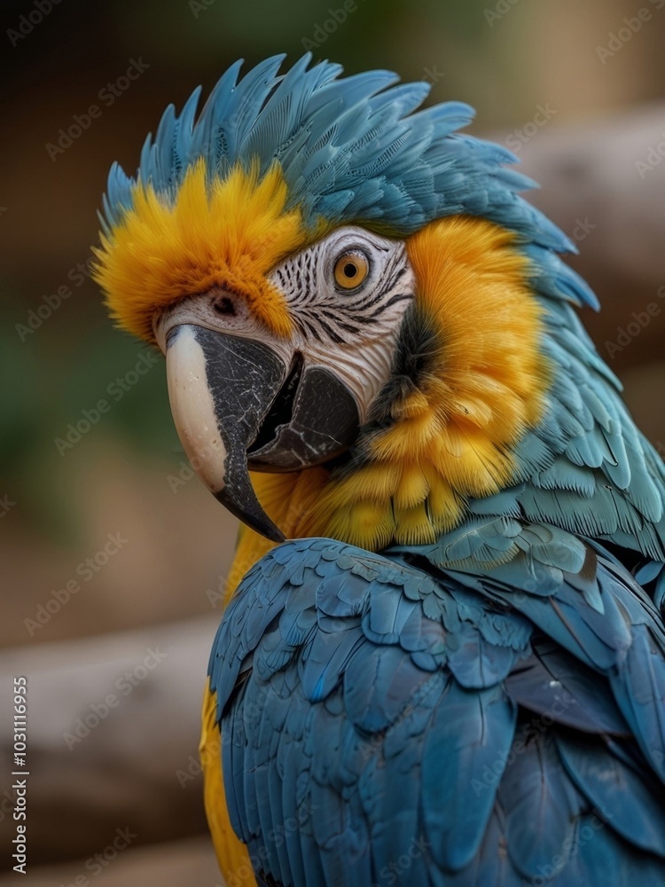 Obraz premium Beautiful blue and yellow macaw parrot close-up. Generated with AI.