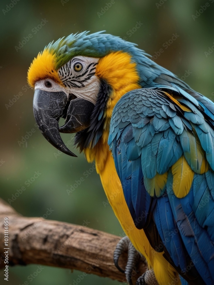 Obraz premium Beautiful blue and yellow macaw parrot close-up. Generated with AI.