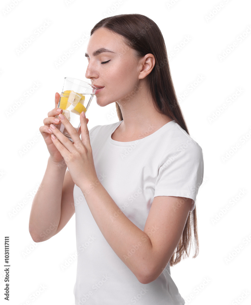Woman drinking water with lemon on white background Woman drinking water with lemon on white background