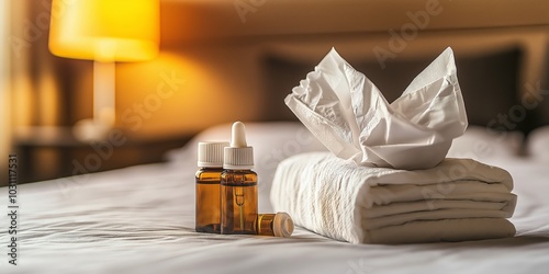 A minimalistic arrangement of nasal spray bottles and tissues on a nightstand in a softly lit hotel room photo