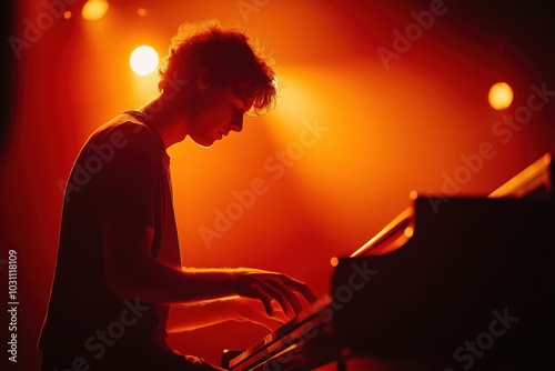 a man playing a piano, there is a light shining on him