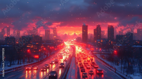 A city skyline at dusk with cars driving on a highway, lit by the setting sun.