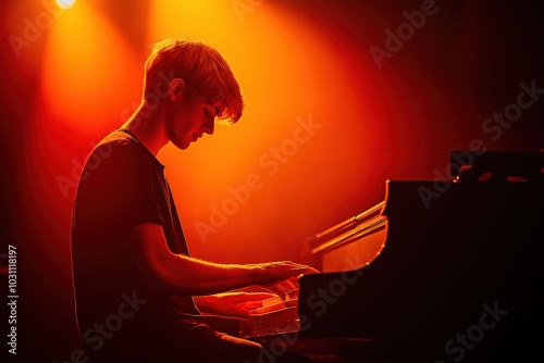 a man playing a piano in a dark room