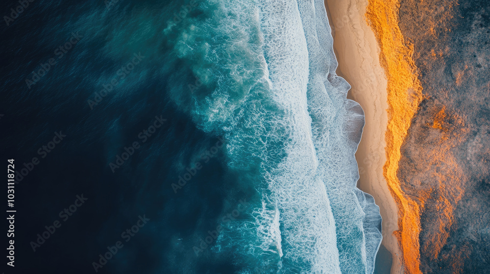 The ocean is calm and the beach is full of people. The water is blue and the sand is orange The ocean is calm and the beach is full of people. The water is blue and the sand is orange