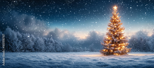 The snow covered Christmas tree contrasts with the dark blue backdrop 