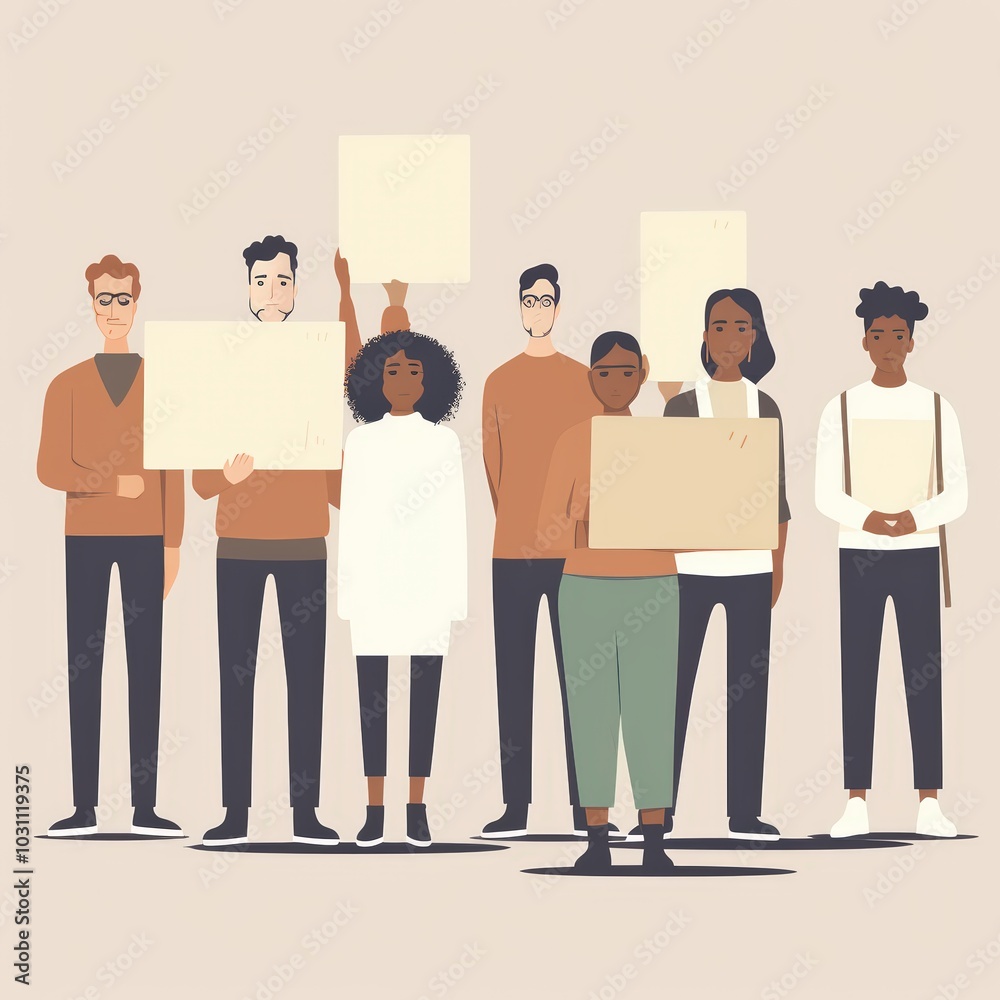 A group of people holding signs and banners at a strike depicted in a simple, flat vector illustration A group of people holding signs and banners at a strike depicted in a simple, flat vector illustration