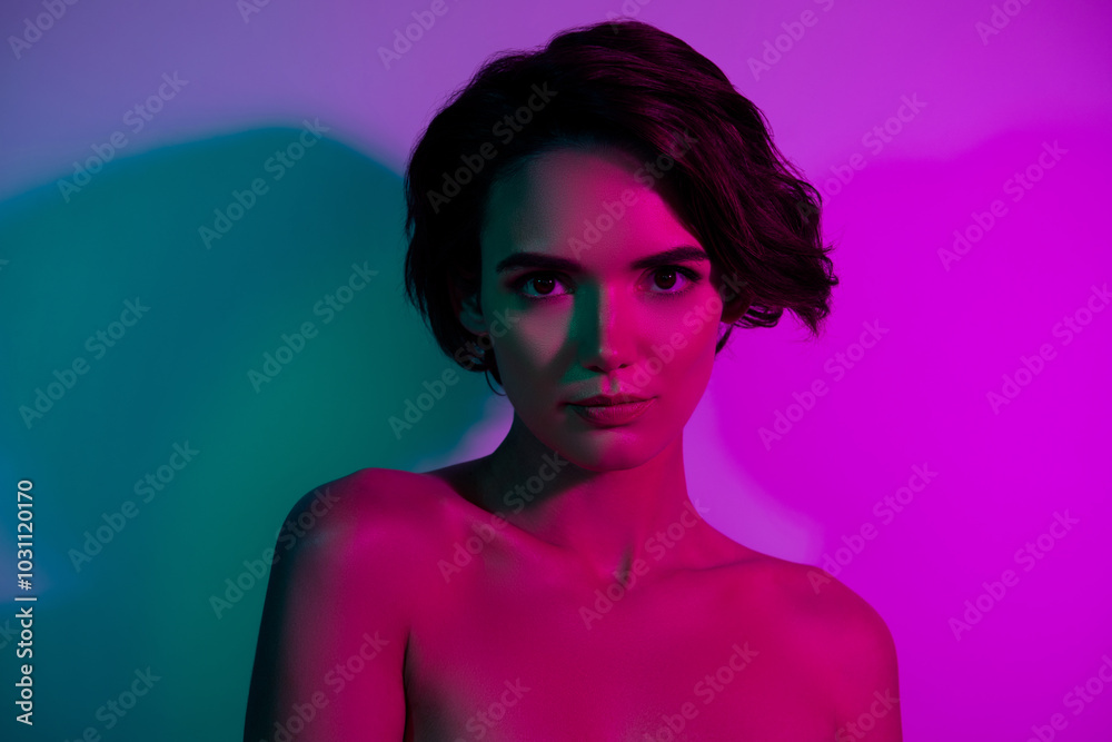 Photo of attractive girl look feel isolated gradient multicolor neon background Photo of attractive girl look feel isolated gradient multicolor neon background