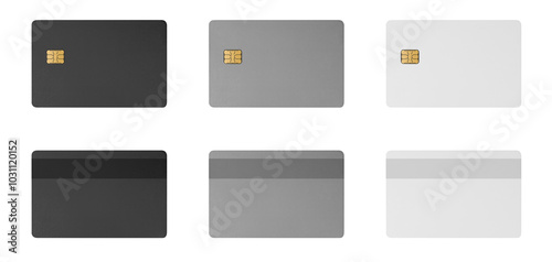 Set of bank card photos isolated on white background. Mockup black, white, gray credit card. Blank template for your text or print..