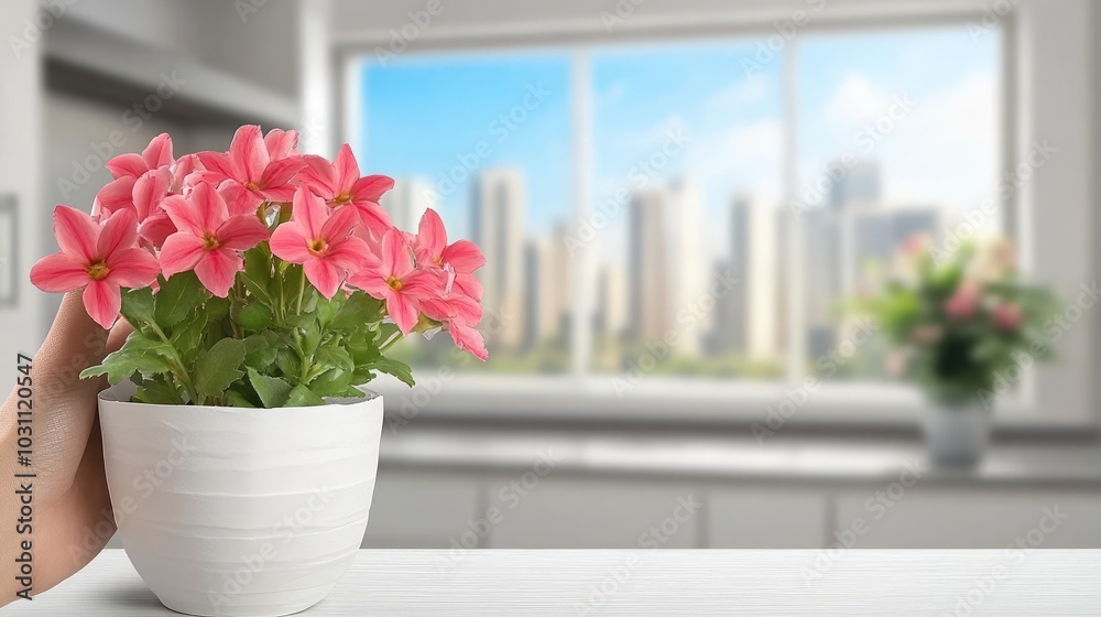 Fototapeta premium A hand holds a pot of pink flowers in front of a window with a city skyline view.