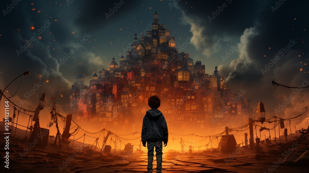 Fototapeta premium Young school kid with backpack is standing near numbers