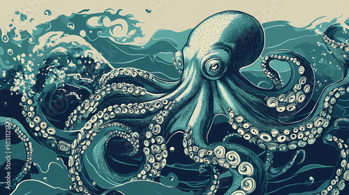 A giant octopus-like creature rises from the depths of the ocean. Sea Leviathan. Illustration photo