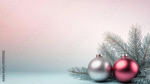 Banner elegant holiday scene with silver and red baubles on pine branches and copy space photo