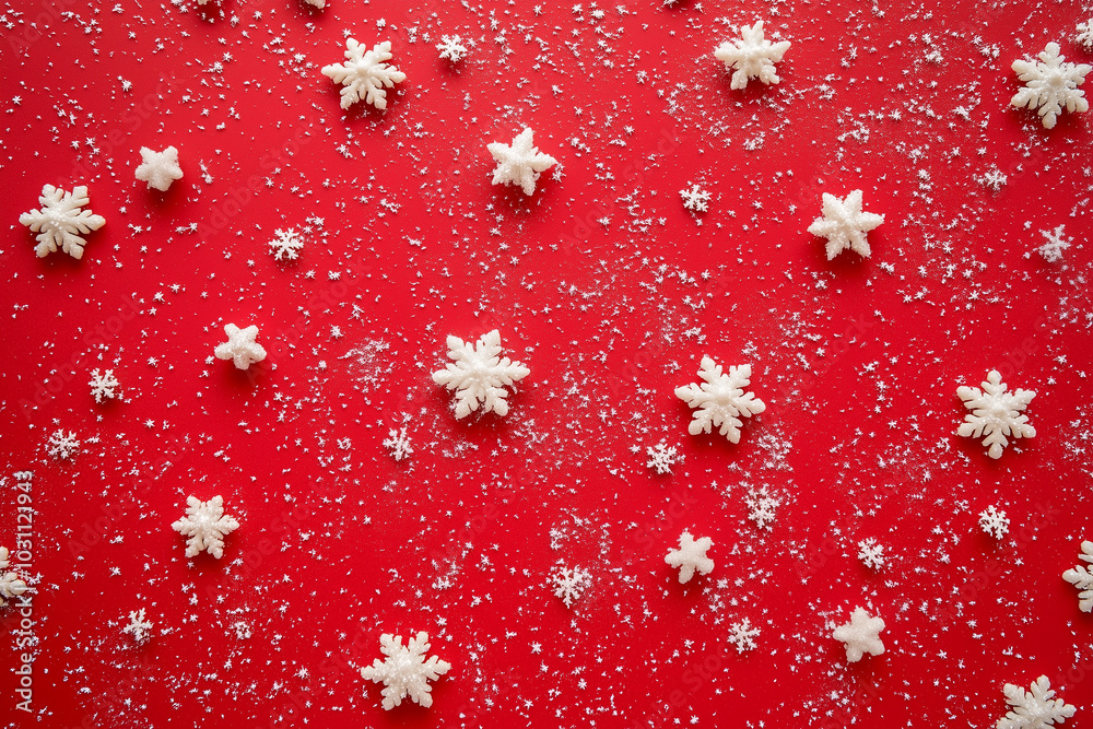 Elegant Red Christmas Background with Snowflakes and White Stars, Room for Text Elegant Red Christmas Background with Snowflakes and White Stars, Room for Text