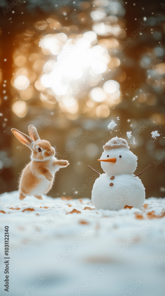 small, cute, funny rabbits playing and hopping in the snow with a snowman in an outdoor forest, in wildlife and nature during the winter season