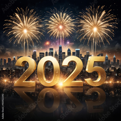 golden text 2025 with fireworks