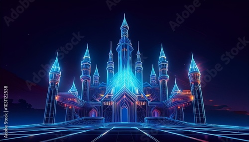 A glowing wireframe of a futuristic castle, showcasing intricate architectural design. A captivating blend of modernity and fantasy in digital art.