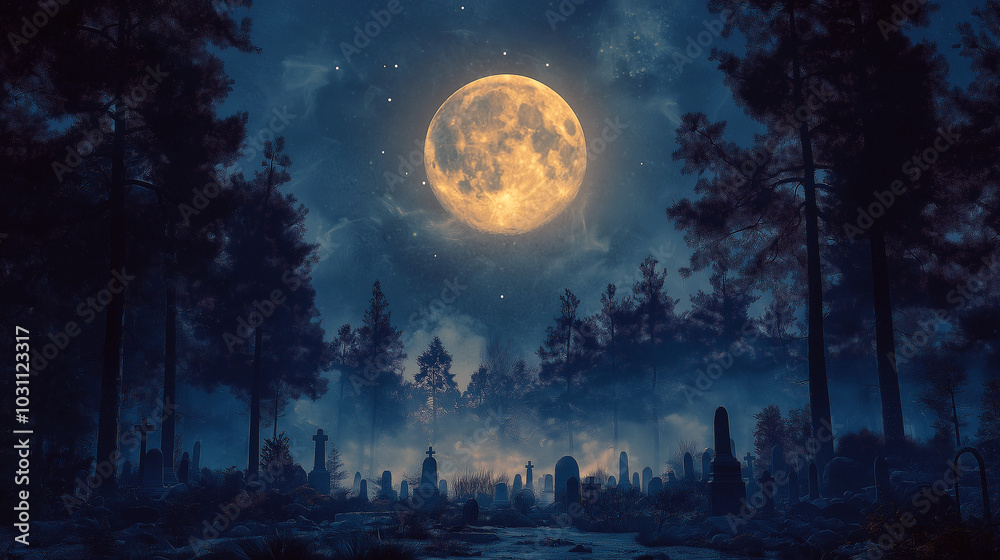 A large moon is shining in the sky above a graveyard A large moon is shining in the sky above a graveyard