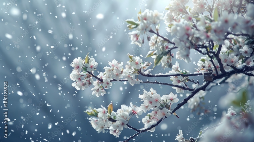 Snow falling on a spring blossom tree Snow falling on a spring blossom tree