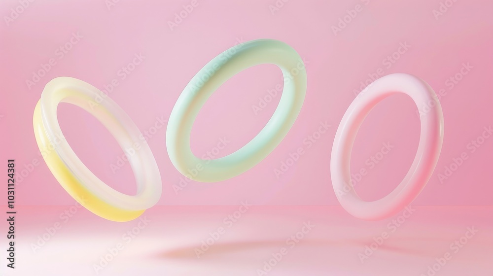 Three dimensional render of pastel colored rings floating against pink background Three dimensional render of pastel colored rings floating against pink background