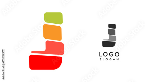 Bright colorful letter J, layers blocks like sandwich, stone balancing or rock stacking. Modern cartoon monogram for kid joyful book, blocky toys logo. Vector illustration