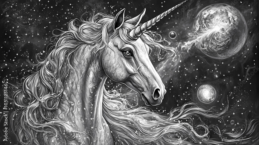 A majestic unicorn with a long flowing mane and horn, set against a backdrop of twinkling stars and planets. Silver Unicorn. Illustration A majestic unicorn with a long flowing mane and horn, set against a backdrop of twinkling stars and planets. Silver Unicorn. Illustration