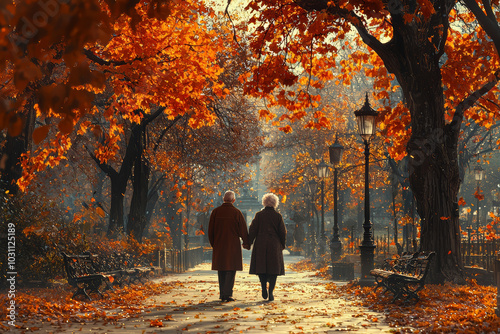 An elderly couple enjoying a peaceful walk in the park, showcasing a balanced and healthy lifestyle. Concept of health.