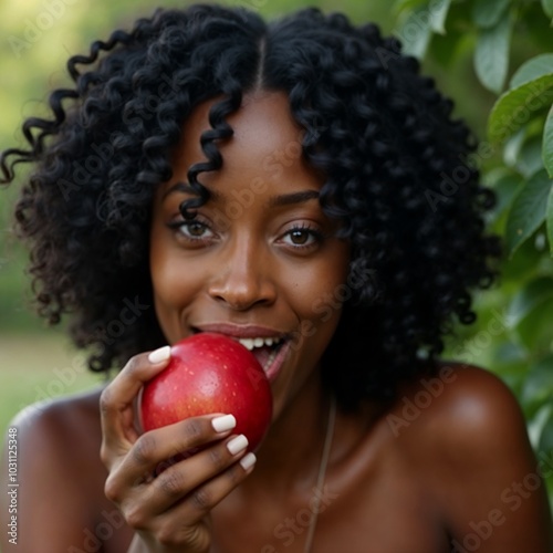 Black woman eating apple