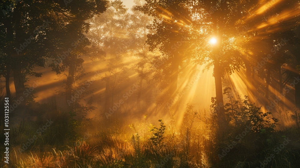 Naklejka premium Golden rays of sunlight piercing through morning mist in a forest