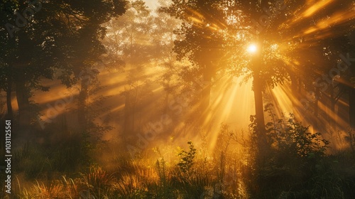 Golden rays of sunlight piercing through morning mist in a forest