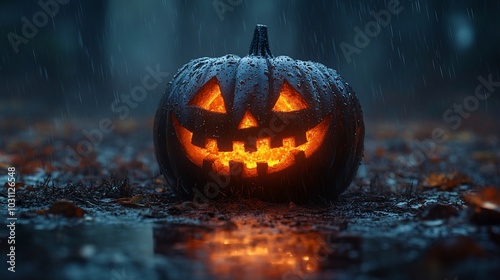 A glowing jack-o'-lantern in the rain, capturing a spooky Halloween atmosphere.