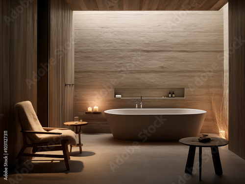 Simple minimalist wabi sabi bathroom in neutral colors with wood panneling. Wood panneling wall and minimalist bath. Clean look bathroom photo